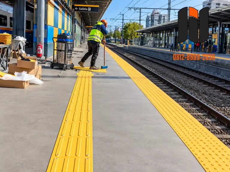 Harga Guiding Block Terbaru 2026 Pekerja Merawat Jalur Taktil Stasiun