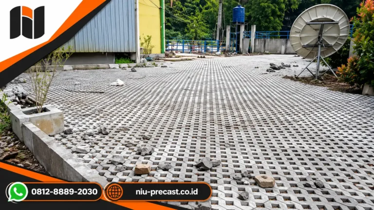 Pemasangan grass block beton pada area terbuka dengan pola berongga untuk kebutuhan halaman dan landscape.