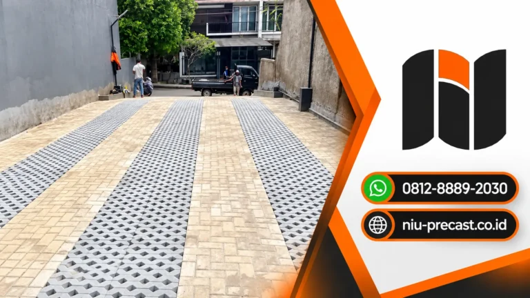 Kombinasi grass block dan paving block untuk halaman rumah dengan pola pemasangan dekoratif oleh NIU Precast.