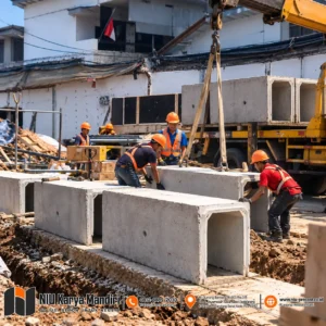 Pekerja Menata U_Ditch Beton Proyek BRIN Bandung